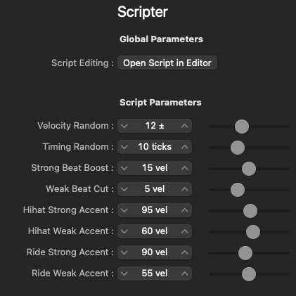 Logic Pro Scripter — drum humanizer parameters (UI in French)